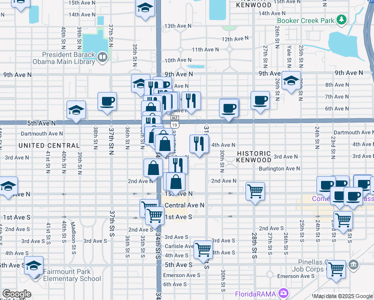 map of restaurants, bars, coffee shops, grocery stores, and more near 3201 3rd Avenue North in St. Petersburg