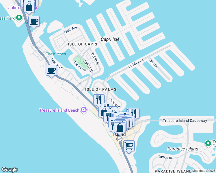 map of restaurants, bars, coffee shops, grocery stores, and more near 11355 3rd Street East in Treasure Island