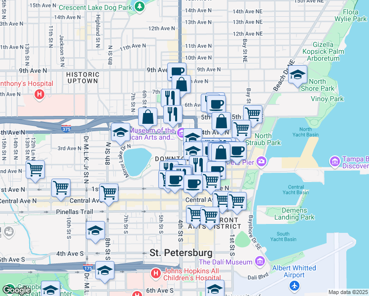 map of restaurants, bars, coffee shops, grocery stores, and more near 333 3rd Avenue North in St. Petersburg