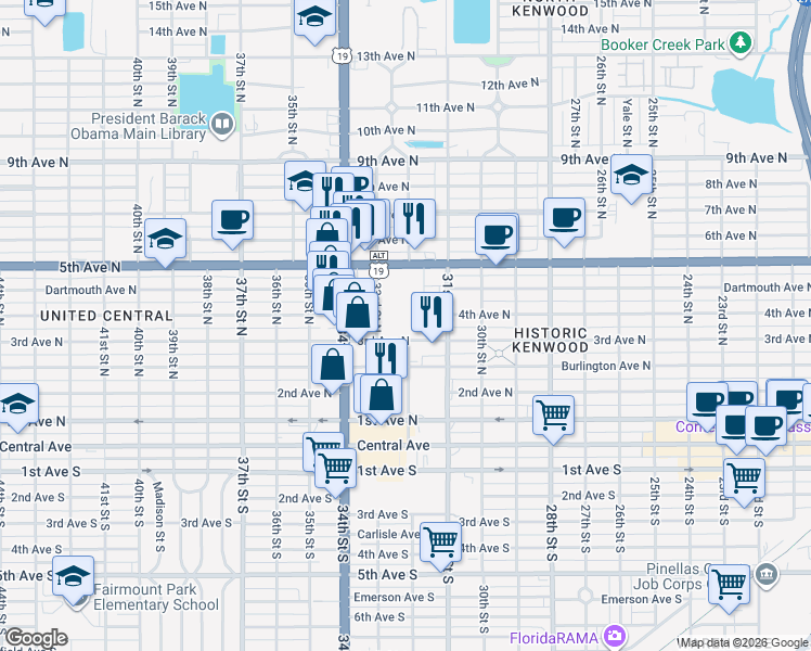 map of restaurants, bars, coffee shops, grocery stores, and more near 301 33rd Street North in St. Petersburg