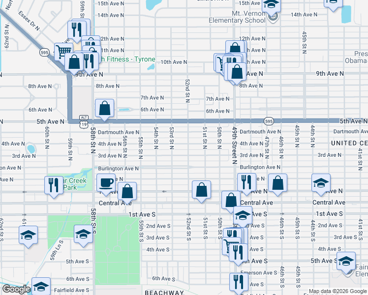 map of restaurants, bars, coffee shops, grocery stores, and more near 5209 4th Avenue North in St. Petersburg