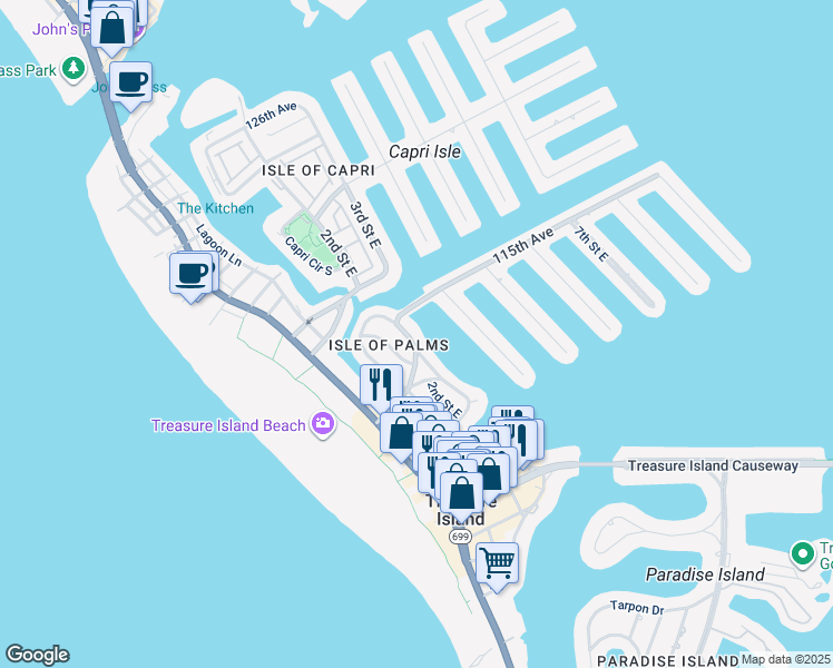 map of restaurants, bars, coffee shops, grocery stores, and more near 11355 3rd Street East in Treasure Island
