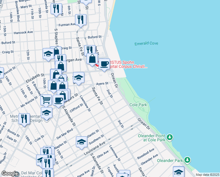 map of restaurants, bars, coffee shops, grocery stores, and more near 1509 Ocean Drive in Corpus Christi