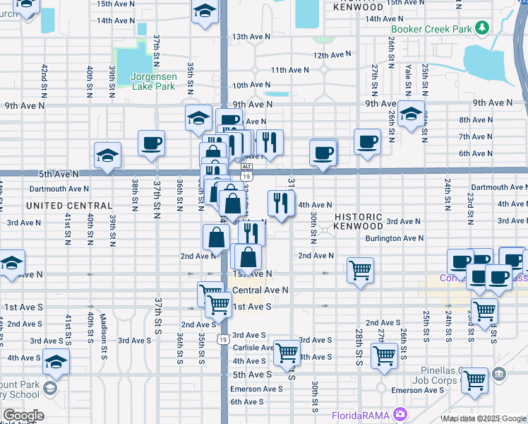 map of restaurants, bars, coffee shops, grocery stores, and more near 3201 3rd Avenue North in St. Petersburg