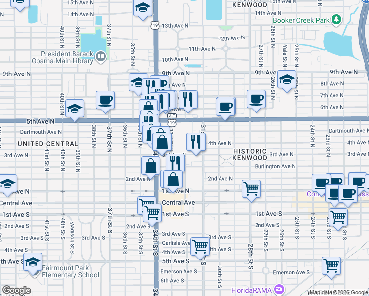 map of restaurants, bars, coffee shops, grocery stores, and more near 301 33rd Street North in St. Petersburg