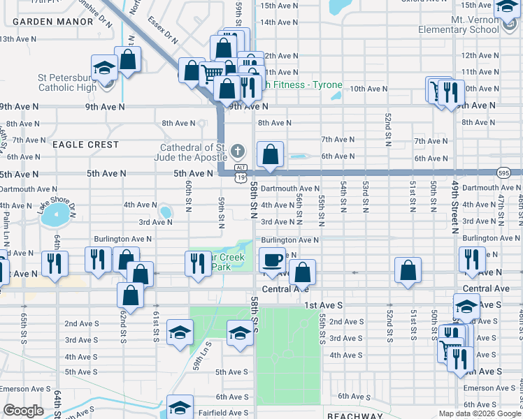 map of restaurants, bars, coffee shops, grocery stores, and more near 5745 4th Avenue North in St. Petersburg
