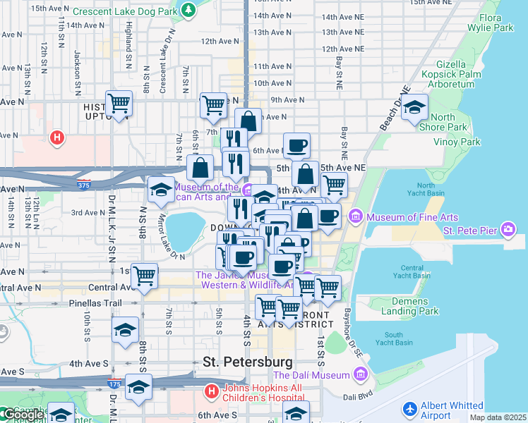 map of restaurants, bars, coffee shops, grocery stores, and more near 333 3rd Avenue North in St. Petersburg