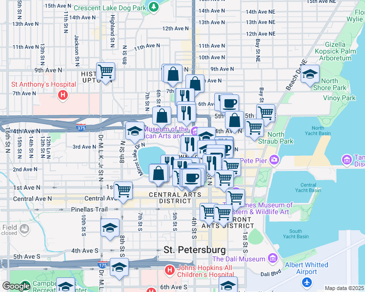 map of restaurants, bars, coffee shops, grocery stores, and more near 319 5th Street North in St. Petersburg