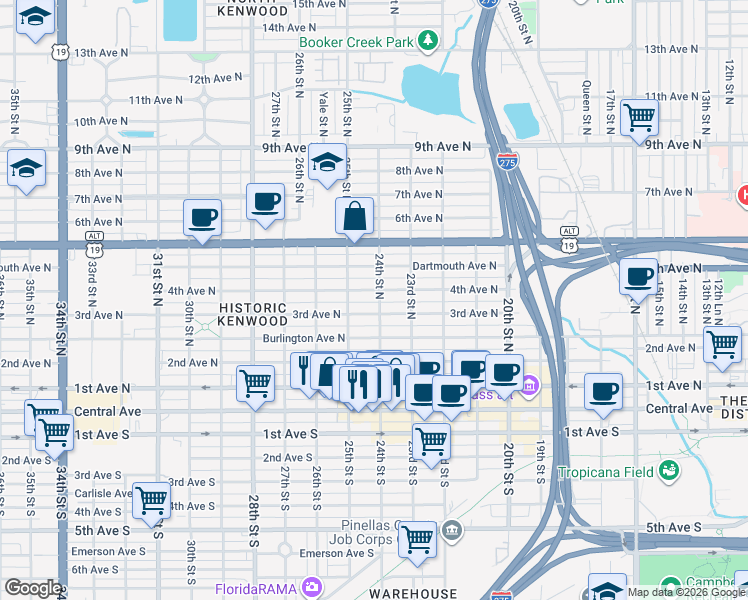 map of restaurants, bars, coffee shops, grocery stores, and more near 2434 4th Avenue North in St. Petersburg