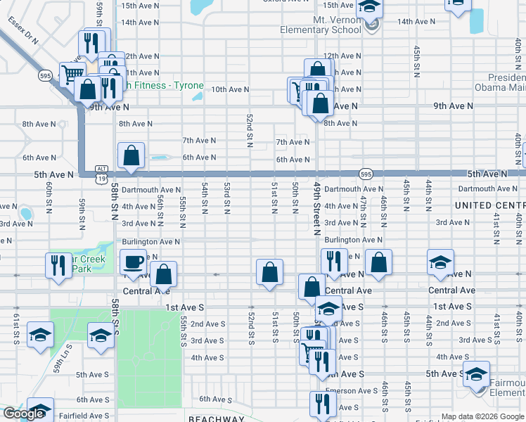 map of restaurants, bars, coffee shops, grocery stores, and more near 5057 4th Avenue North in St. Petersburg