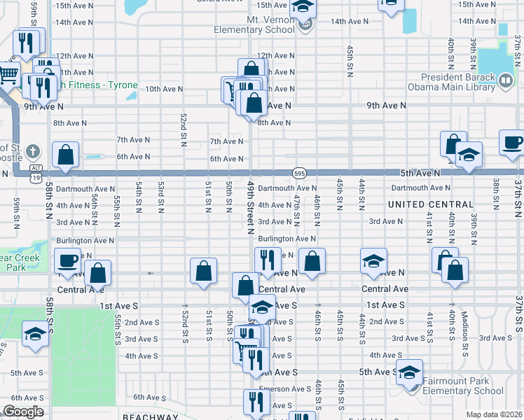 map of restaurants, bars, coffee shops, grocery stores, and more near 4860 4th Avenue North in St. Petersburg