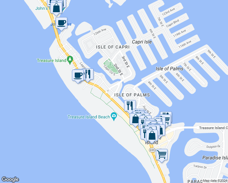 map of restaurants, bars, coffee shops, grocery stores, and more near 11605 1st Street East in Treasure Island
