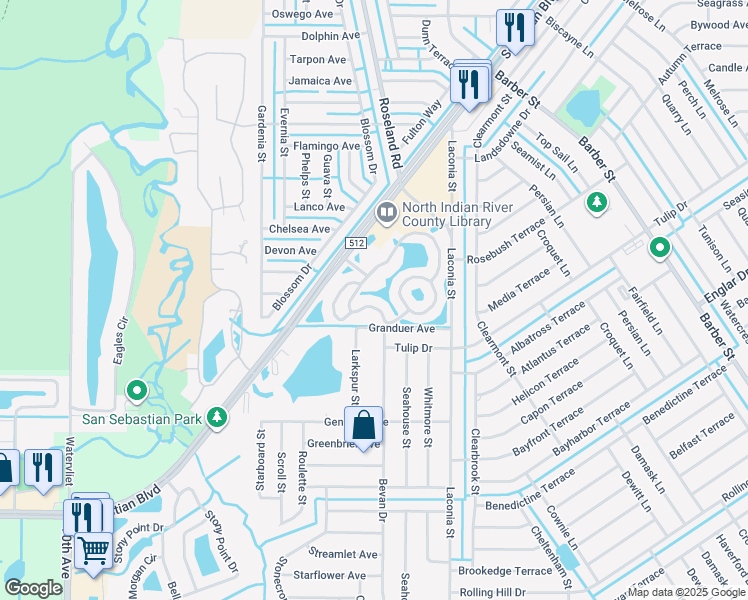map of restaurants, bars, coffee shops, grocery stores, and more near 1347 Shoreline Circle in Sebastian