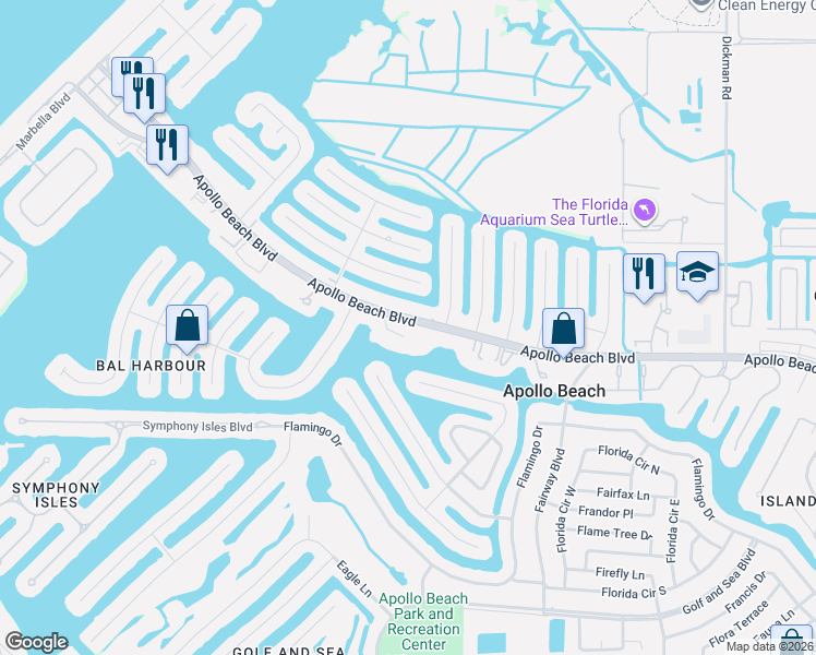 map of restaurants, bars, coffee shops, grocery stores, and more near 901 Shagos Drive in Apollo Beach