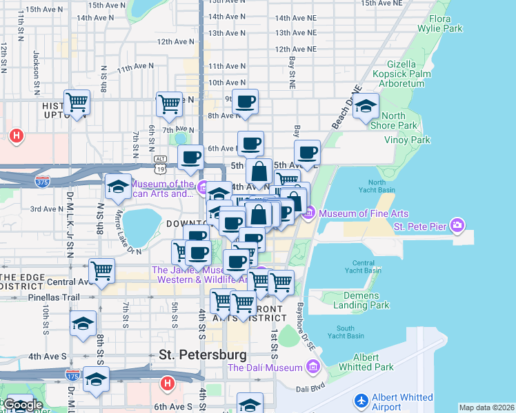 map of restaurants, bars, coffee shops, grocery stores, and more near 5 Fareham Place North in St. Petersburg