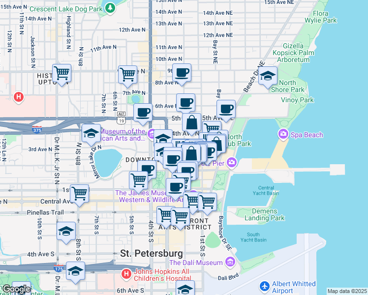 map of restaurants, bars, coffee shops, grocery stores, and more near 5 Fareham Place North in St. Petersburg