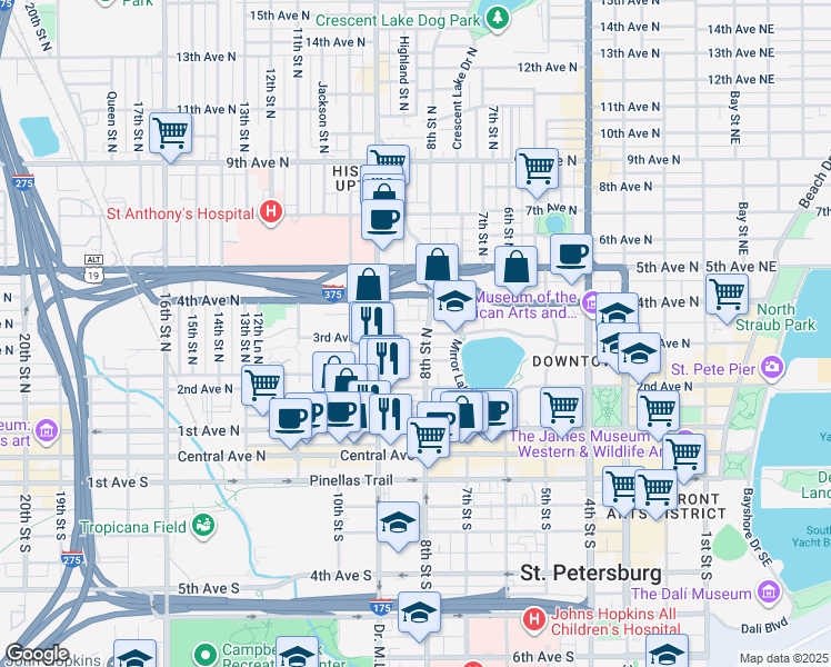 map of restaurants, bars, coffee shops, grocery stores, and more near 839 3rd Avenue North in St. Petersburg