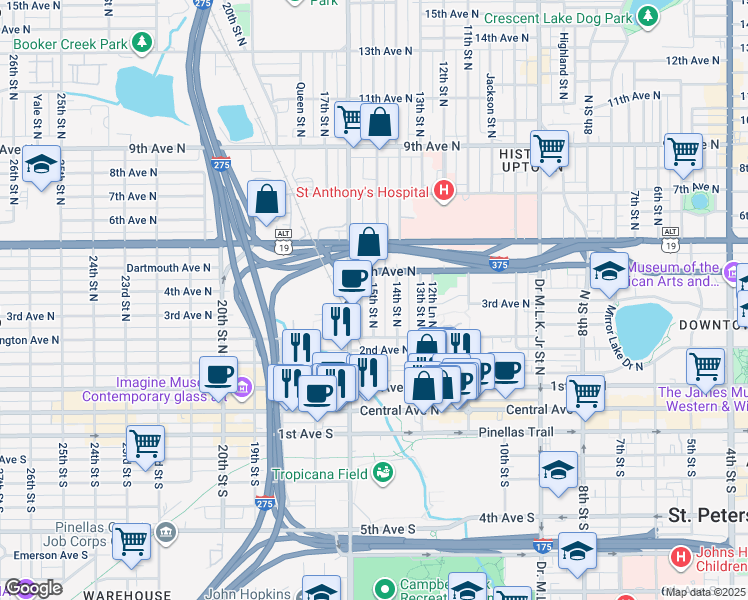 map of restaurants, bars, coffee shops, grocery stores, and more near 333 16th Street North in St. Petersburg
