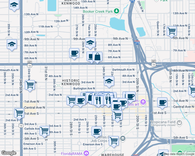 map of restaurants, bars, coffee shops, grocery stores, and more near 2434 4th Avenue North in St. Petersburg