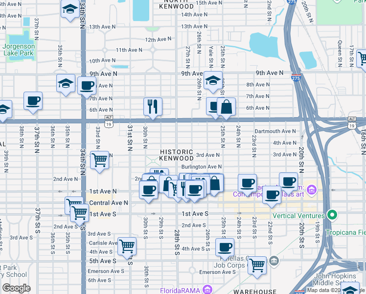 map of restaurants, bars, coffee shops, grocery stores, and more near 2748 4th Avenue North in St. Petersburg