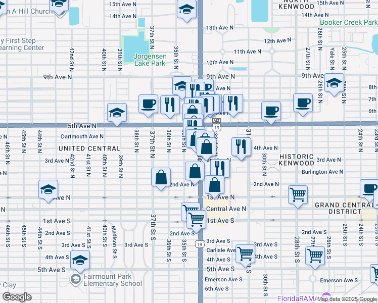 map of restaurants, bars, coffee shops, grocery stores, and more near 380 34th Street North in St. Petersburg