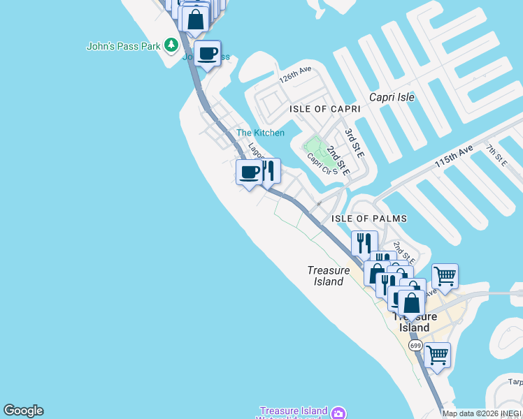 map of restaurants, bars, coffee shops, grocery stores, and more near 120TH 112th Avenue A in Treasure Island