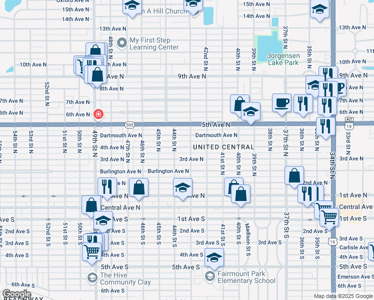 map of restaurants, bars, coffee shops, grocery stores, and more near 4308 4th Avenue North in St. Petersburg