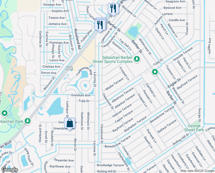 map of restaurants, bars, coffee shops, grocery stores, and more near 768 Newhall Terrace in Sebastian