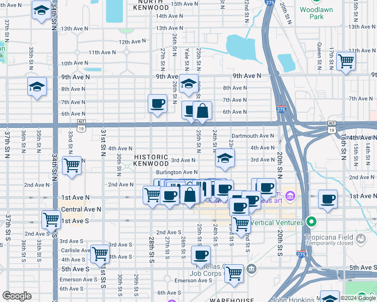 map of restaurants, bars, coffee shops, grocery stores, and more near 2544 4th Avenue North in St. Petersburg