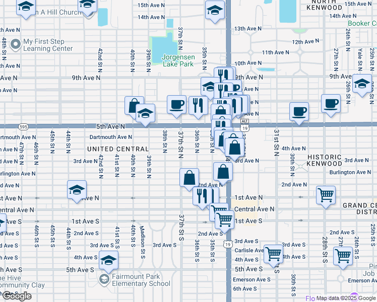 map of restaurants, bars, coffee shops, grocery stores, and more near 3634 4th Avenue North in St. Petersburg