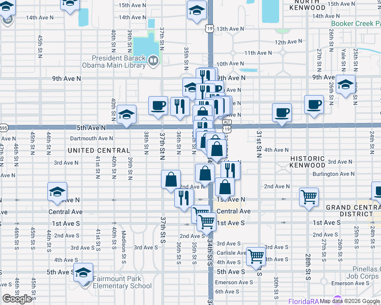 map of restaurants, bars, coffee shops, grocery stores, and more near 3510 4th Avenue North in St. Petersburg
