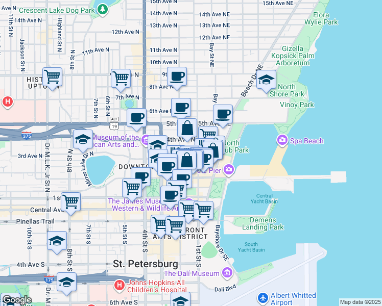 map of restaurants, bars, coffee shops, grocery stores, and more near 5 Fareham Place North in St. Petersburg