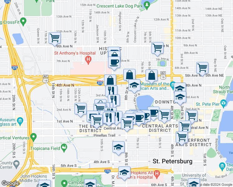 map of restaurants, bars, coffee shops, grocery stores, and more near 863 3rd Avenue North in St. Petersburg