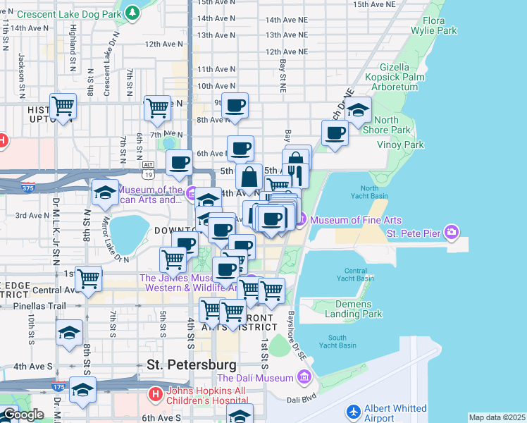 map of restaurants, bars, coffee shops, grocery stores, and more near 317 1st Street Northeast in Saint Petersburg