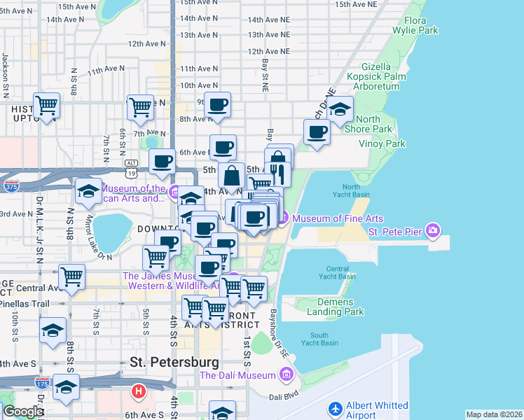 map of restaurants, bars, coffee shops, grocery stores, and more near 105 3rd Avenue Northeast in St. Petersburg