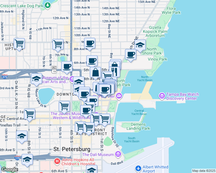 map of restaurants, bars, coffee shops, grocery stores, and more near 105 3rd Avenue Northeast in St. Petersburg