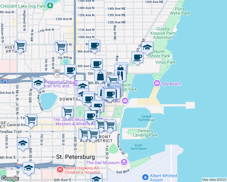 map of restaurants, bars, coffee shops, grocery stores, and more near 105 3rd Avenue Northeast in St. Petersburg
