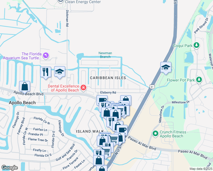 map of restaurants, bars, coffee shops, grocery stores, and more near 105 Saint Martins Way in Apollo Beach
