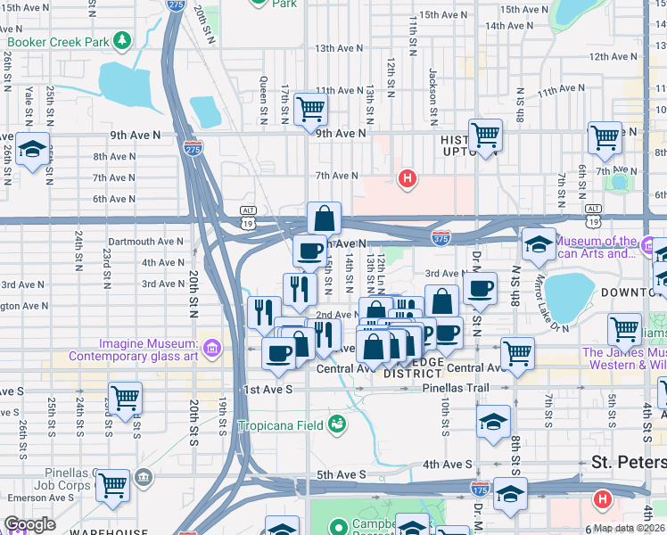 map of restaurants, bars, coffee shops, grocery stores, and more near 328 14th Street North in St. Petersburg