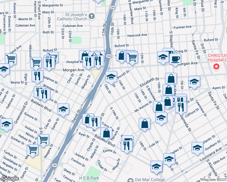 map of restaurants, bars, coffee shops, grocery stores, and more near 1414 18th Street in Corpus Christi