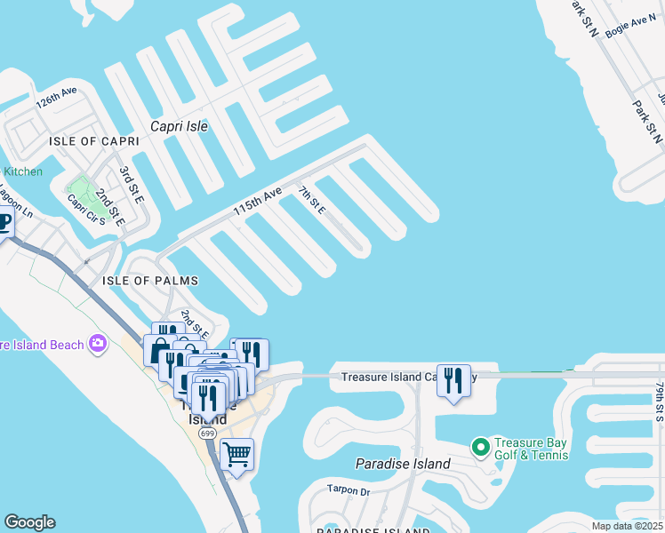 map of restaurants, bars, coffee shops, grocery stores, and more near 11055 6th Street East in Treasure Island
