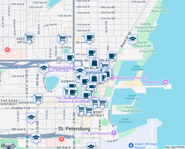 map of restaurants, bars, coffee shops, grocery stores, and more near 321 2nd Street North in St. Petersburg