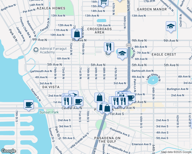 map of restaurants, bars, coffee shops, grocery stores, and more near 6901 4th Avenue North in St. Petersburg