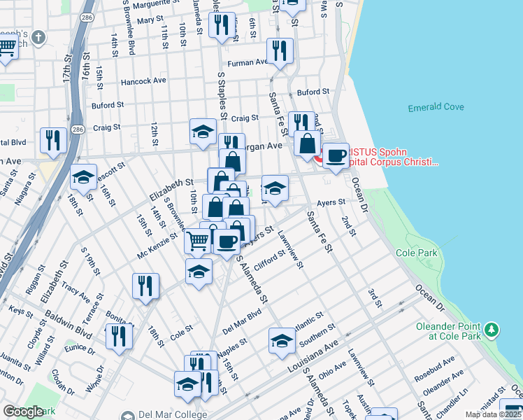 map of restaurants, bars, coffee shops, grocery stores, and more near 1601 6th Street in Corpus Christi