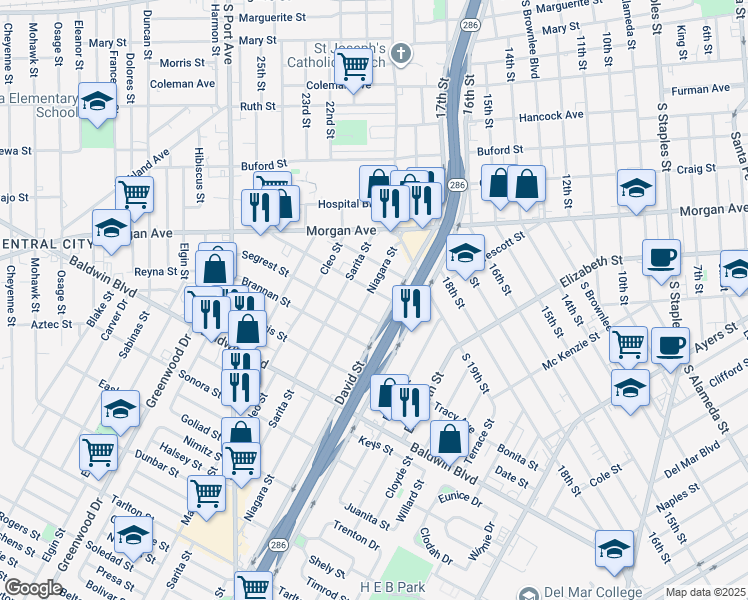 map of restaurants, bars, coffee shops, grocery stores, and more near 2306 Niagara Street in Corpus Christi