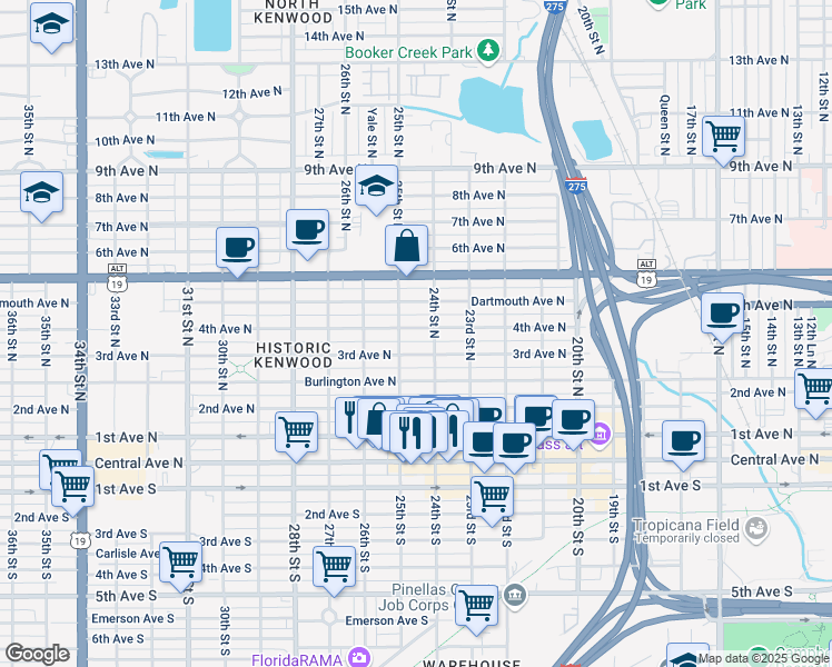 map of restaurants, bars, coffee shops, grocery stores, and more near 2434 4th Ave N in St Petersburg