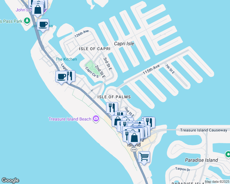 map of restaurants, bars, coffee shops, grocery stores, and more near 11430 3rd Street East in Treasure Island