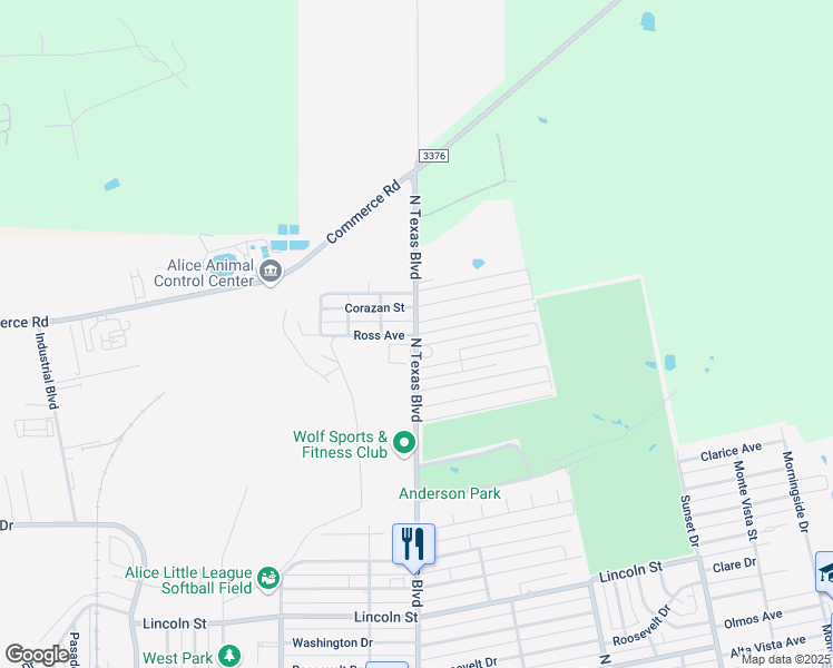 map of restaurants, bars, coffee shops, grocery stores, and more near North Texas Boulevard in Alice