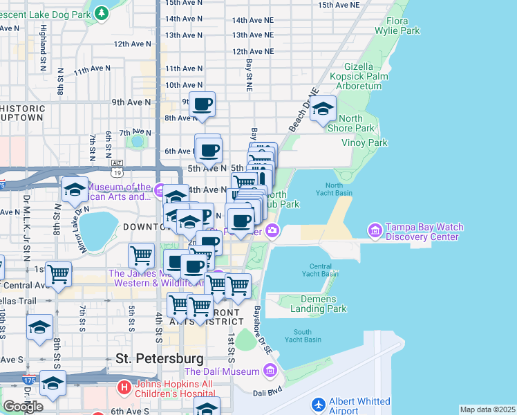 map of restaurants, bars, coffee shops, grocery stores, and more near 347 Beach Drive Northeast in St. Petersburg