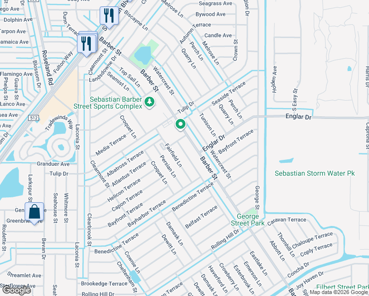 map of restaurants, bars, coffee shops, grocery stores, and more near 1114 Coverbrook Lane in Sebastian